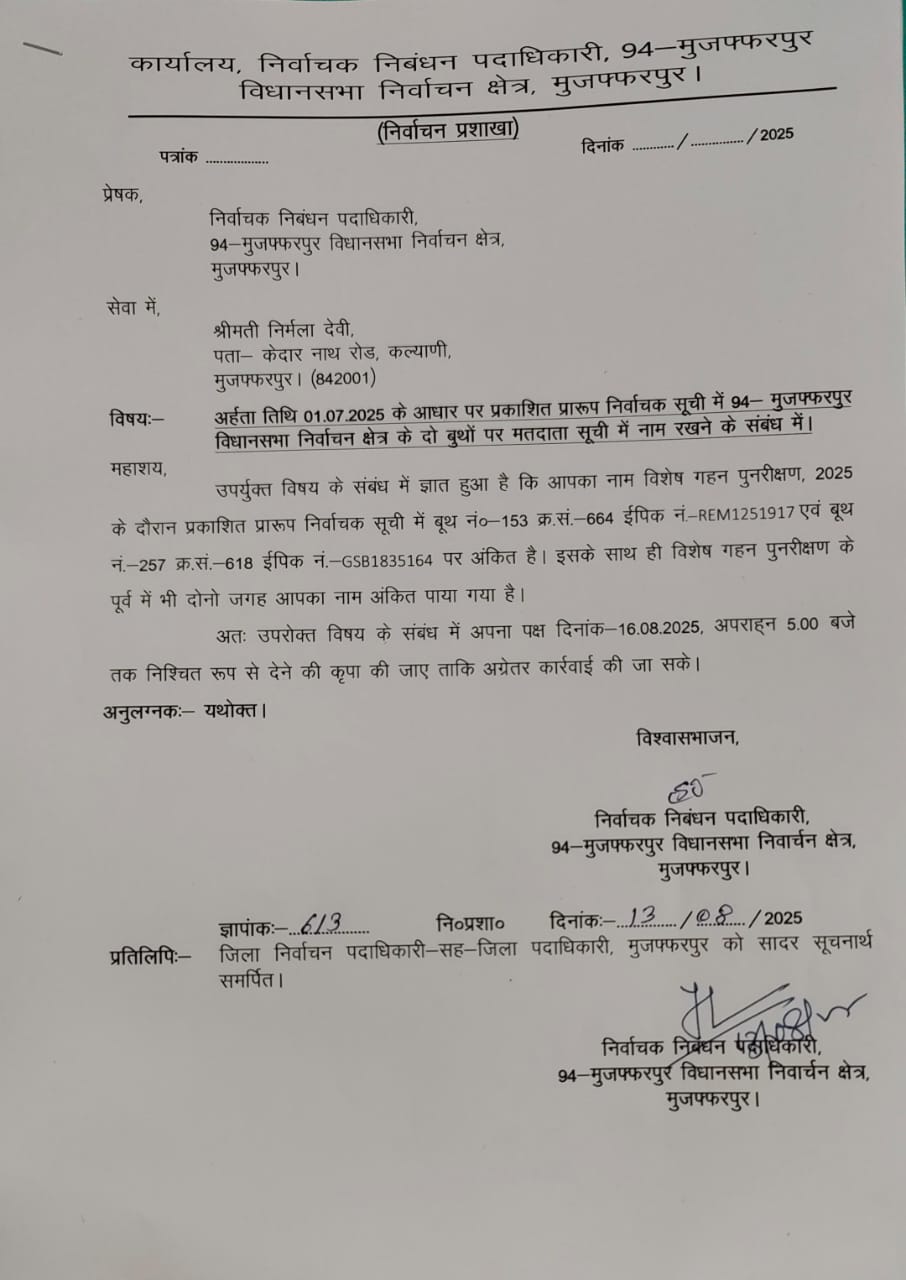 निर्वाचन आयोग ने मुजफ्फरपुर की मेयर को जारी किया नोटिस